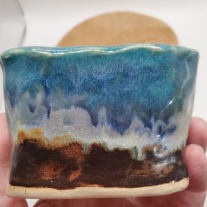 Studio Pottery Signed Desert Landscape Moon Rock Art Kurinuki Square Bowl Vessel